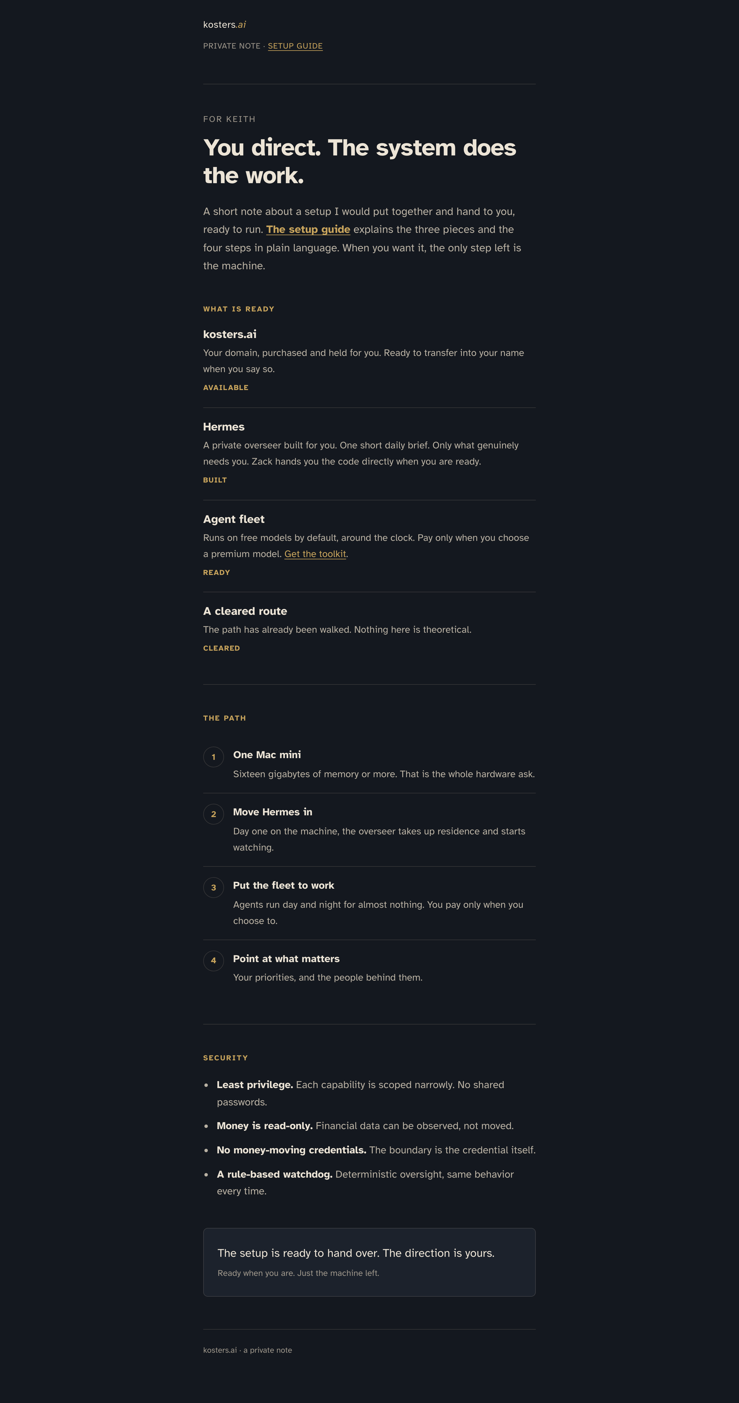 kosters.ai landing page: You direct. The system does the work.
